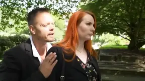 German mature milf with orange-red hair gives a dirty talk while getting