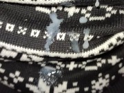 Twink cums on sweater outdoor and shows close up his cum mess