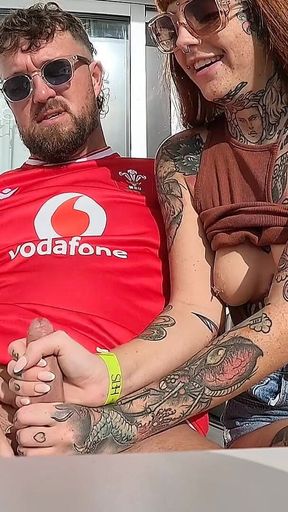 Handjob with Huge Cumshot on the Balcony!