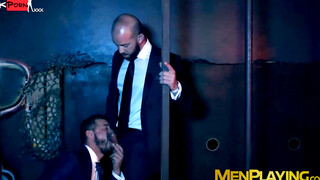 Executive office hunks meet for glory hole bareback drilling