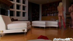 Petite blonde girl chloe foster shows off shaved pussy behind the scenes of