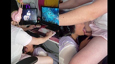 Blowjob while playing games on my trans GF
