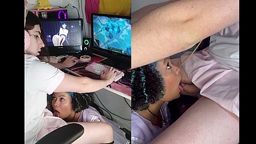 Blowjob while playing games on my trans GF