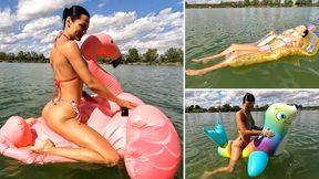 Jade makes holes and floats on 4 deflating toys