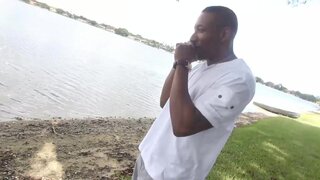 Esmi Lee is outdoors and she gives a sloppy blowjob