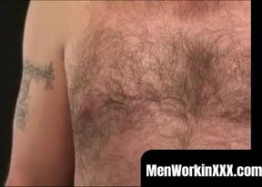 Mature lad with hairy chest and belly pulls his hard dick intensely