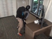muscular silicone masked man humping dummy at hotel window