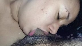 BALL SUCKER, slut with her hot mouth devouring the pervert's balls and cock to the back of her throat