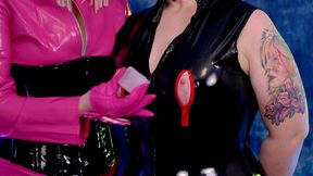 lesbian erotic video - gag and food fetish, licking sucking, tits play with ice cube - latex pvc lovers (arya grander)