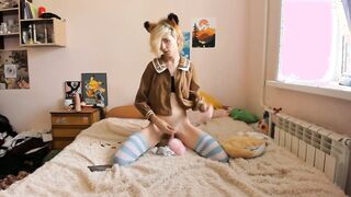 Nice costume play femboy rails a fuck stick and swallows his spunk