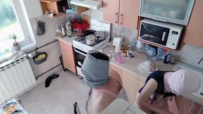 A hot amateur couple having fun in the kitchen.