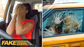 Newbie babe learns fast lane with instructor's expert tongue in 'Fake Driving School' debut.