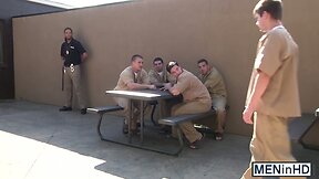 Gay guys have an orgy in the prison yard