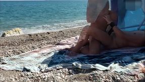 French Milf Amateur Fucks on Nude Beach public to stranger with Cumshot - MissCreamy