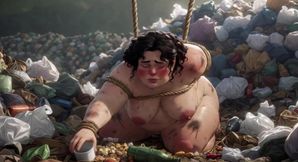 Dirty SSBBW Tied up in Trash Eating Food - Filthy Feeding Session