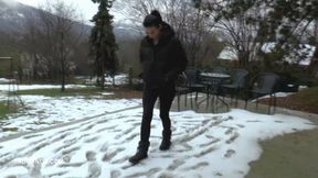 Mistress Natasa enjoyed trampling the snow, but slave must lick the snow off his boots mp4