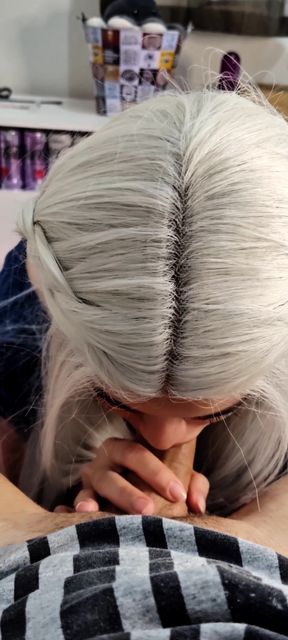 Submissive Sloppy Deepthroat in White Wig &amp; Blue Contacts - Debora Swallowing Wellington's Thick Cock + Slow Stretching
