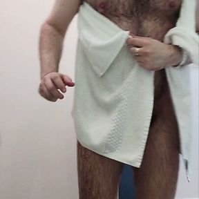 Hairy chastity bear takes a shower