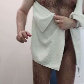 Hairy chastity bear takes a shower