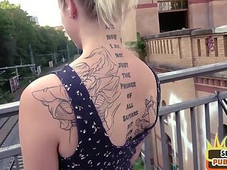 Pierced blonde babe cockriding in public