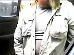 Mature beard dad jerks his cock by his truck outside