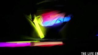 Kinky blonde beauty fucks her pussy and ass with glowsticks