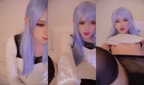 Blue-haired ladyboy streaks live cumshot on twitch while fingering that tight ass raw and messy