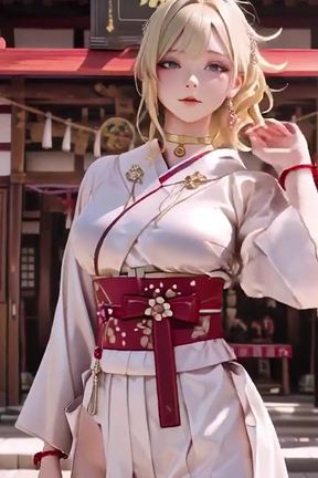 Blonde Kimono Girl's Shrine Secret! Kneeling Under the Torii Gate in a Beige Modified Kimono