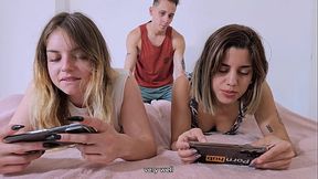 Gamer girls SaraLatina &amp_ KeilaBassi77 fucked hard while playing