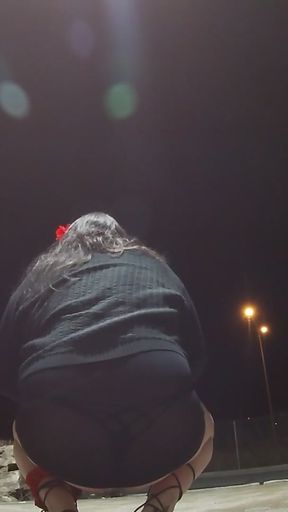 Older Mature Sissy CD outdoors at night playing with her tool   Clip 2