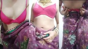 Indian Gay Crossdresser Bottom Gaurisissy showing her big boobs in purple saree