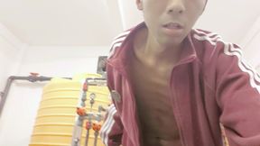 A mischievous Asian boy masturbates, moaning, ejaculating, and consuming semen in a factory laboratory