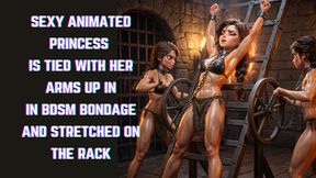 Sexy animated princess bitch in bikini is tied to a rack in bdsm bondage by two naughty mistresses and stretched to the limit of her endurance