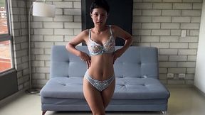 Slim Busty Short-haired Latina Gal Shows Off Her Perfect Body, Before Taking a Cock In Her Bald Pussy