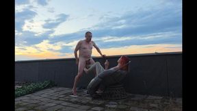 Rosa Molotov and Faith - Gym training part 3 - On the terrace ballbusting and JOI in leggings