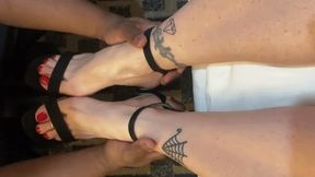 Milf strap stiletto heels removal, caressing, massaging feet, red nails