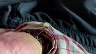 Putting on and ejaculating on a pair of boxer shorts from sarges laundry basket