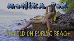 hot monika fox in gold on public beach