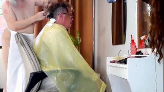 Do you want me to cut your hair? Stylists client. Nude hairdresser. Nudism 24