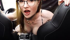 Getting this bitch in glasses pounded really hard on my dick in the car