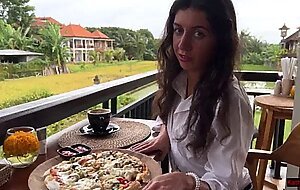 Eating pizza with cum on my face in a public cafe