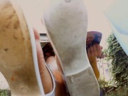 A beautiful giantess makes you her big feet in the garden her all the time!