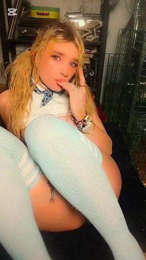 Blonde Slut with Pigtails, Fingerfucking Her Wet Tight Pussy, Then Sucking Her Juices off of Her Fingers