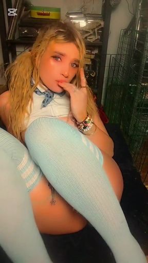Blonde Slut with Pigtails, Fingerfucking Her Wet Tight Pussy, Then Sucking Her Juices off of Her Fingers
