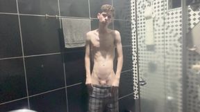 Skinny Twink Drops Pants Huge Dick Gushes Cum Shower