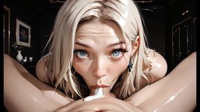 beautiful blonde woman sucks very hard cocks and looks at you with her big blue eyes - ai generated content
