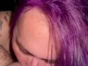 Purple-haired T4T slut goes down on trans boyfriend