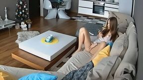Ukranian beauty masturbates to hard orgasm on her couch