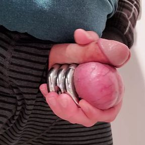 Balls weight stretching and jerking-off