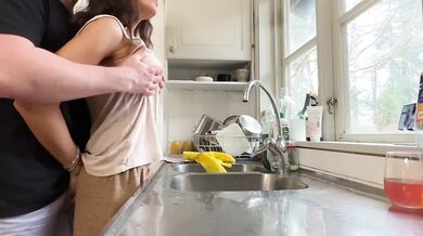 Milf gets fucked from behind while washing dishes her husband didn't let her finish